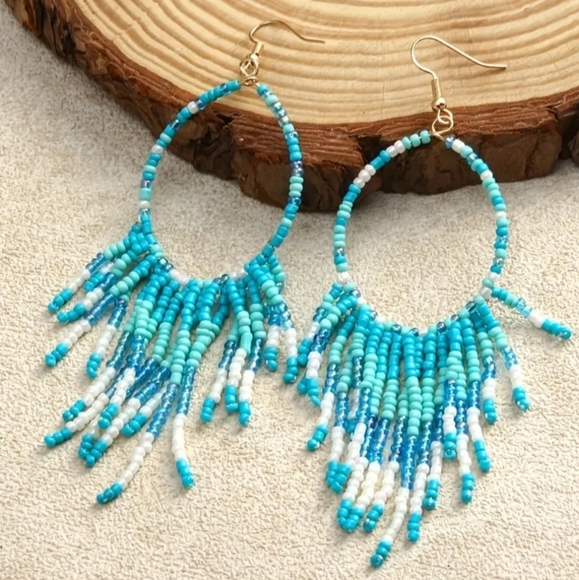Handcrafted Earrings Western  Turquoise,Blue,White Beaded Hoop Tassel Preppy - Picture 2 of 2